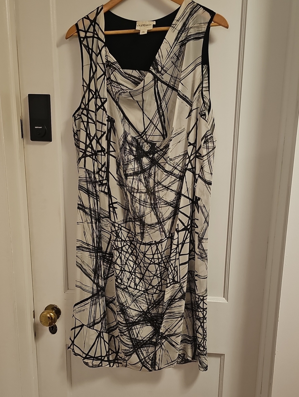 Pure DKNY Black & White Abstract Draped Neck Midi Dress